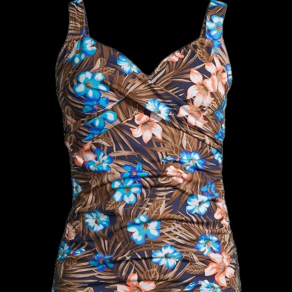 Lands' End Women's 14-22W, 14 LONG Wrap Underwire Tankini Swimsuit Top Deep Sea - Picture 2 of 13